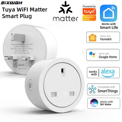 20A Tuya WiFi Matter Smart Socket UK Plug with Energy Monitor Compatible