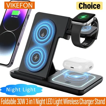 3 in 1 Foldable Night LED Light Wireless Charger Stand For iPhone Samsung
