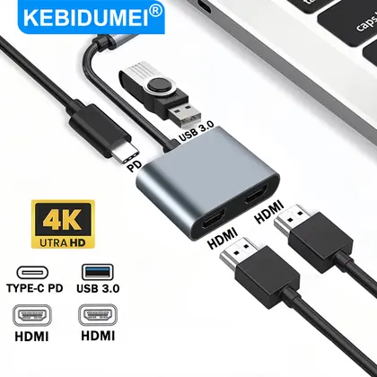 4 in 1 USB HUB Type-C to Dual HDMI Splitter 4K 30Hz Dual Screen Expansion