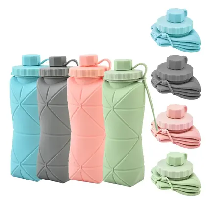Botellas de agua deportivas plegables de silicona de 600 ml, Wat plegable para acampar al aire libre