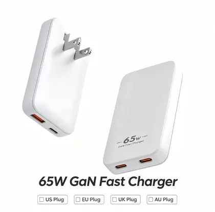 Cargador GaN USB-C de 65 W con enchufe estadounidense plegable y adaptadores EU/UK/AU