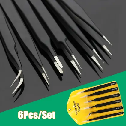 Juego de pinzas largas de precisión, pinzas de acero inoxidable antiestáticas ESD