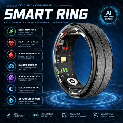 AI Smart Ring Health Tracker Men Women Stainless Steel 5ATM Waterproof Hear