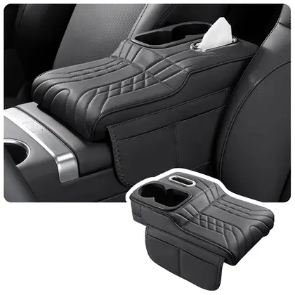 Car Armrest Box Heightening Pad PU Leather Armrest Cushion Cup Holder Tissu
