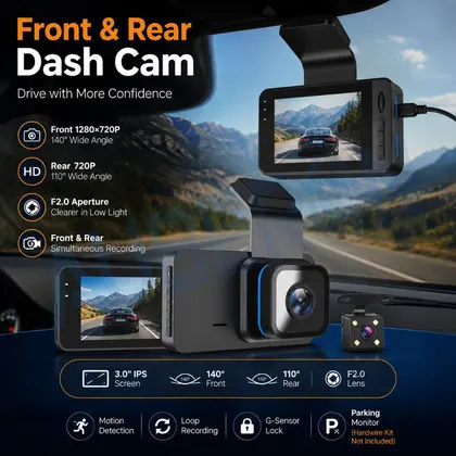 Car Dash Cam DVR Front Rear Dual Lens 1080P HD Video Recorder 3.0 IPS Displ