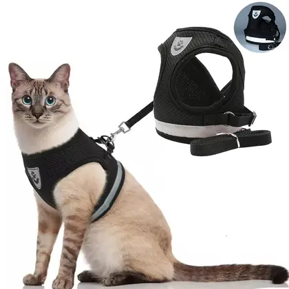 Arnés para gato, juego de correa de plomo, chaleco de malla para mascotas a prueba de Escape reflectante ajustable
