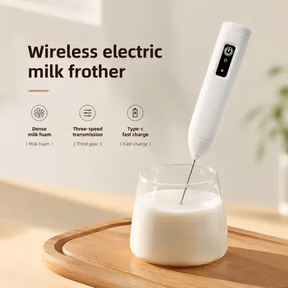 Electric Milk Frother + Egg Beater Wireless Type-C Charging 3 Speeds Mini