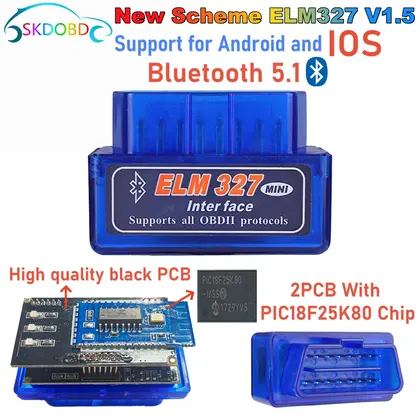 ELM327 Bluetooth 5.1 Mini ELM327 v1.5 With PIC18F25K80 Chip OBD2 Car Scanne