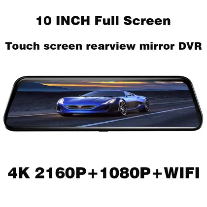 Full HD 10 Inch Car DVR Recorder Parking Mirror Monitor 4K Front/1080P Rear