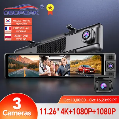 H330 Dash Cam 3 Channel Rearview Mirror Front Inside Rear 4K+1080P+1080P