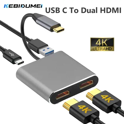 KEBIDUMEI USB C To Dual HDMI HUB Splitter 4 in 1 USB Docking Station PD 4K
