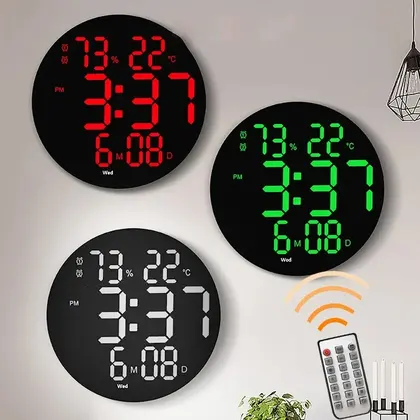 Led עגול 3D מסך גדול שעון קיר דיגיטלי טמפרטורה לחות תאריך תצוגת