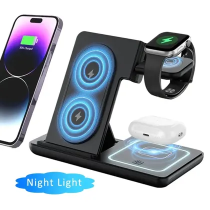Night LED Light 3 In 1 Wireless Charger Foldable Stand For iPhone Samsung
