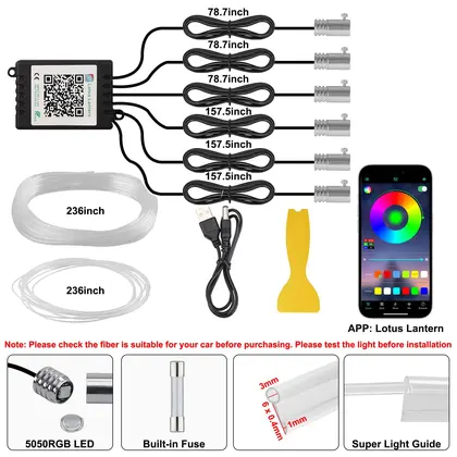 RGB LED Car Ambient Light Kit 6 in 1 Fiber Optic Interior Strip with APP