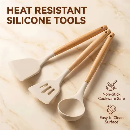 Silicone Kitchen Utensils with Wooden Handles — Heat-Resistant, Non-Stick
