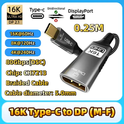 Adaptador USB C a DisplayPort 16k tipo C a cable de extensión DP 8K 60Hz/4K 12