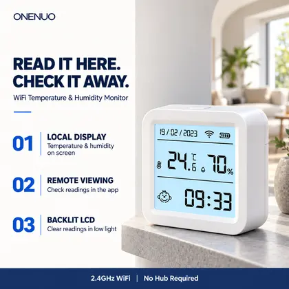 WiFi Temperature Humidity Sensor with Backlit LCD Smart Life App Indoor The
